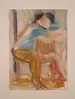 Model sitting backwards on chair by Artist Holland Auster